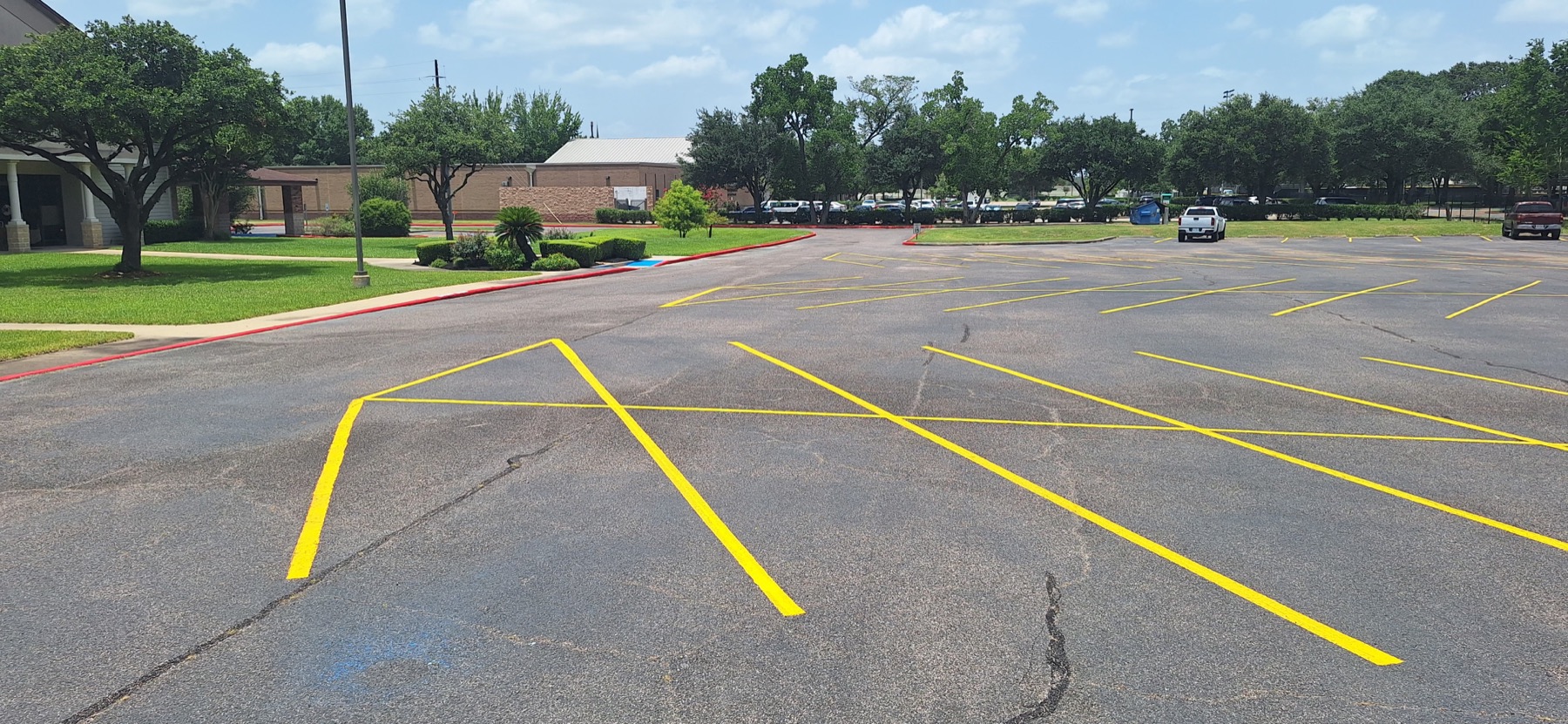 Fresh yellow parking spaces extending across an asphalt lot